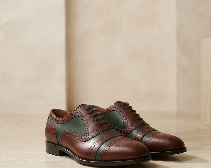 Two-Tone Leather Cap Toe Oxfords | Brown & Green Brogue Dress Shoes