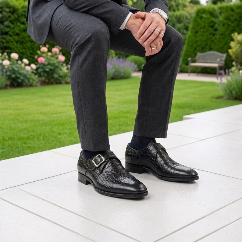 Black Crocodile Embossed Leather Monk Strap Shoes, Single Buckle Formal Menswear image 5