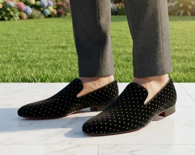 Men's Black Velvet Smoking Slippers with Rhinestone Polka Dots & Red Sole | Handmade Luxury Tuxedo Loafers