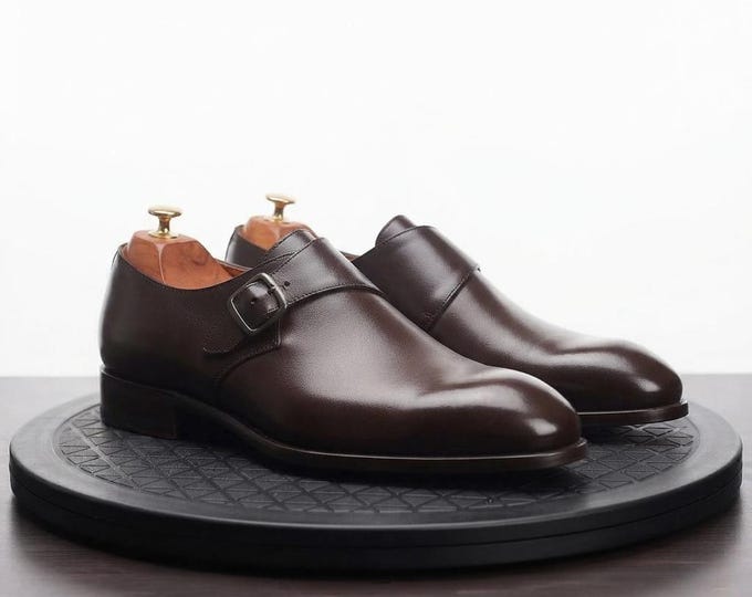Dark Brown Single Monk Strap Shoes, Mens Handmade Leather Dress Shoes, Chocolate Brown Monk Straps, Formal Wedding Shoes