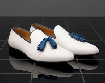 Handmade White Leather Tassel Loafers | Men's Summer Wedding Shoes