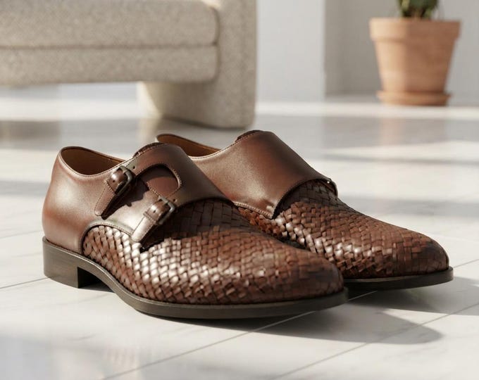 Men's Brown Woven Leather Double Monk Strap Shoes | Textured Business Dress Shoes