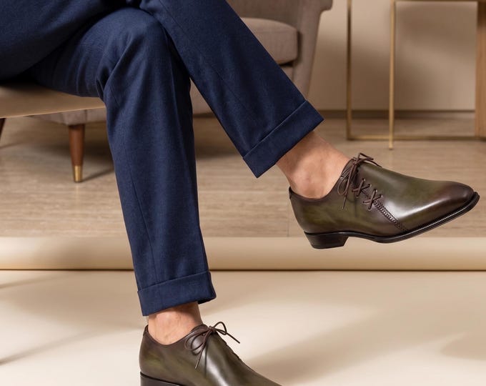 Handmade Olive Green Leather Oxford Shoes | Patina Finish, Plain Toe Menswear