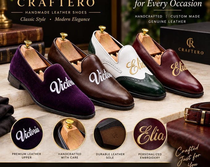 Personalized Leather Loafers, Handmade Embroidered Slip On Shoes, Custom Men’s Dress Shoes