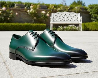 Handmade Dark Green Leather Derby Shoes – Hand-Patina Dress Shoes