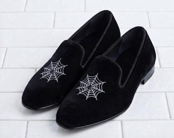 Halloween Loafers Men, Black Velvet Smoking Slippers, Spiderweb Embroidered Shoes, Spider Web Loafers, Velvet Dress Shoes