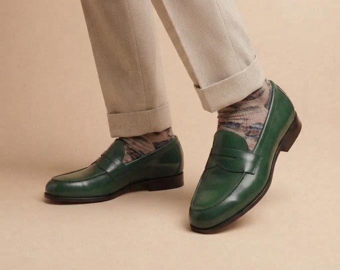 Green Leather Penny Loafers, Mens Handmade Loafers, Patina Loafers, Mens Dress Shoes, Slip On Loafers, Wedding Groom Shoes, Gift for Him