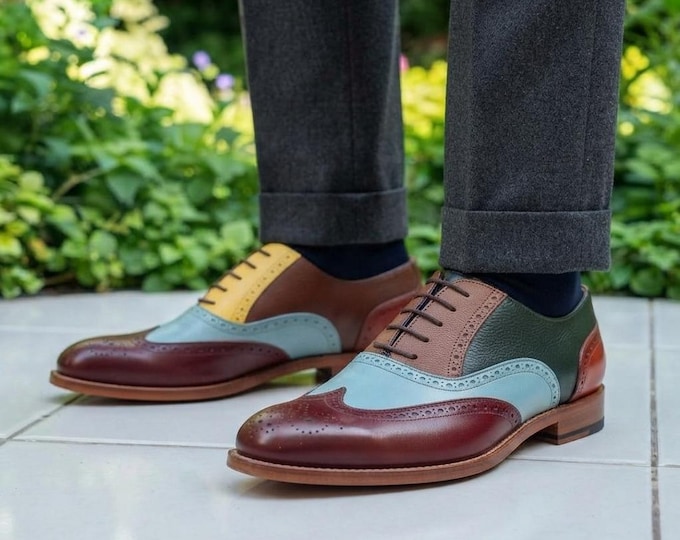 Handmade Multicolor Wingtip Oxfords, Patchwork Brogue Shoes (Burgundy, Blue, Green)