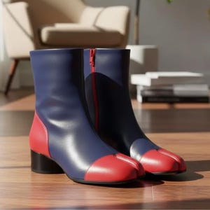 May include: A pair of ankle boots with a color-block design. The boots feature a navy blue upper, red toe caps, and a red zipper detail. The heels are black and the boots are made of a smooth material.