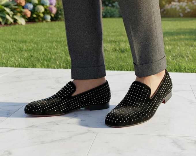 Men's Rhinestone Velvet Loafers | Silver Stud Smoking Slippers with Red Sole | Statement Party Shoes for Him
