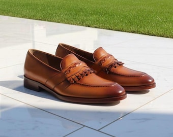 Handmade Brown Leather Kiltie Loafers | Men's Slip On Dress Shoes