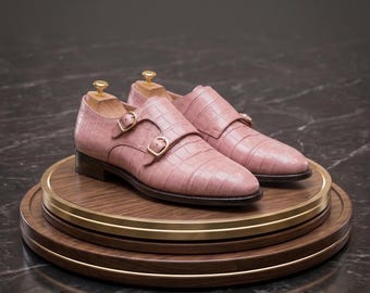 Handmade Pink Crocodile Leather Double Monk Strap Shoes – Luxury Dress Formal Menswear