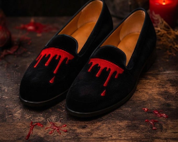Black Velvet Smoking Slippers, Blood Drip Embroidered Shoes, Vampire Loafers, Gothic Velvet Dress Shoes, Halloween Loafers Men