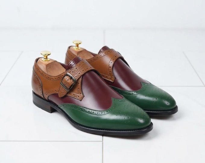Multicolor Monk Strap Shoes, Green Burgundy Brown Wingtip, Mens Handmade Leather Dress Shoes, Single Monk Strap