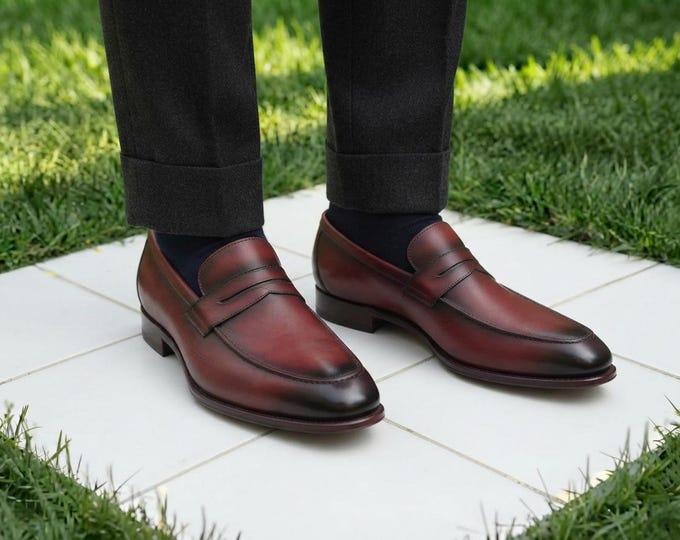 Burgundy Patina Loafers, Mens Handmade Leather Loafers, Oxblood Penny Loafers, Slip On Dress Shoes, Formal Loafers for Men