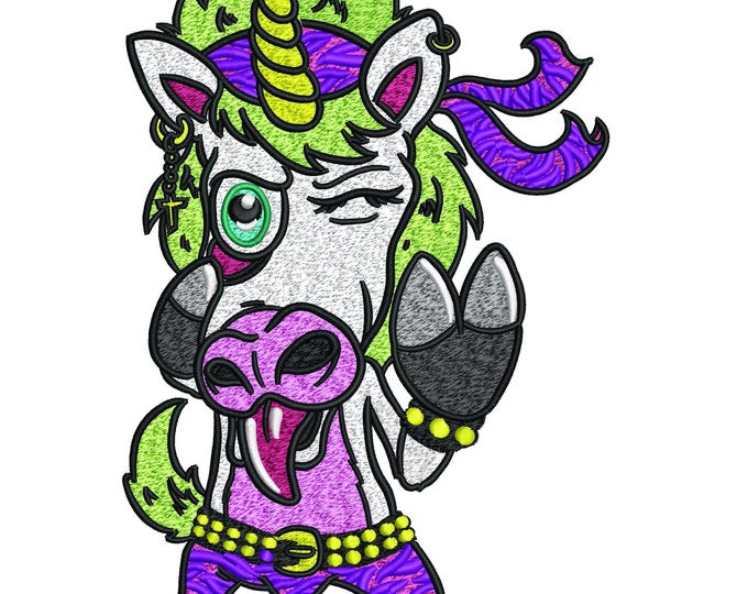 Punk Rock Unicorn Embroidery Design, Edgy Mohawk, Studded Belt (Instant Download)
