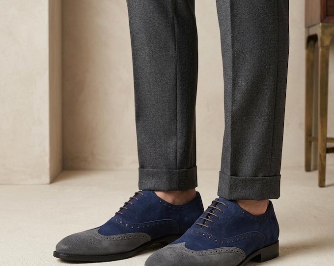 Two-Tone Navy Grey Suede Wingtip Oxfords | Smart Casual Dress Shoes for Men