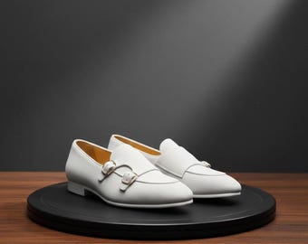 Men’s White Suede Monk Strap Loafers, Handmade Leather Dress Shoes, Luxury Formal & Office Footwear