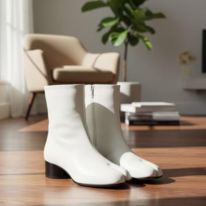 Op de afbeelding: Een paar witte leren enkellaarsjes met een vierkante neus en een zwarte blokhak. De laarzen hebben een ritssluiting en staan op een houten vloer. De laarzen zijn neutraal van kleur en kunnen bij veel outfits gedragen worden.