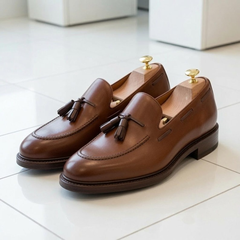 Handmade Brown Leather Tassel Loafers – Classic Moc Toe Dress Shoes image 2