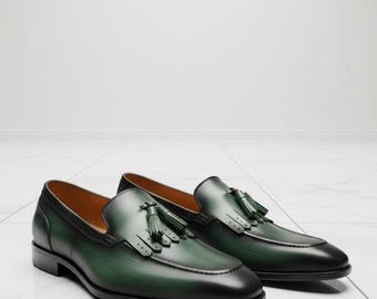 Handmade Green Leather Tassel Loafers, Men's Dress Shoes