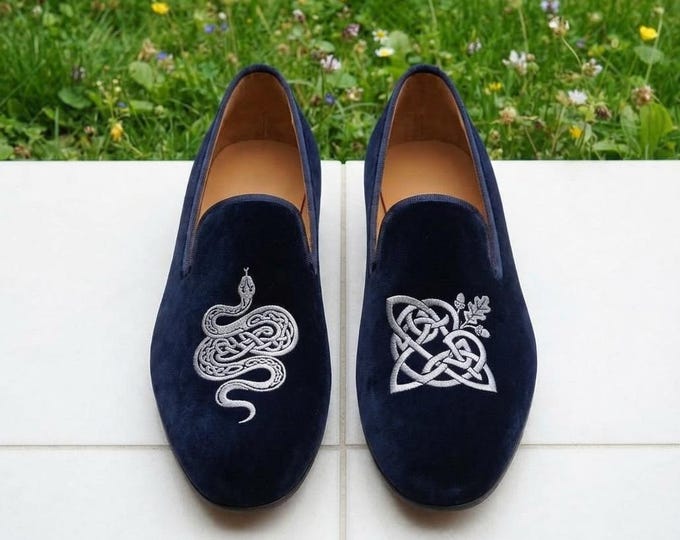 Men's Navy Velvet Loafers with Celtic Knot & Serpent Embroidery | Mismatched Mythology Smoking Slippers | Gift for Him