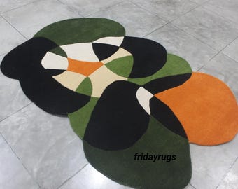Handmade Wood Rug | Abstract Irregular Shaped Rug, Modern Black Green Orange Area Rug, Contemporary Geometric Carpet, Living Room Decor