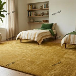 Handgetufteter Senfteppich | Solid Gold Gelb Wollteppich | Hochflorteppich nach Kundenwunsch | Mid Century Modern Wohnzimmer Dekor