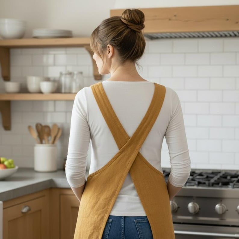 K&ouml;nnte beinhalten: Eine senffarbene Sch&uuml;rze mit gekreuztem R&uuml;cken. Die Sch&uuml;rze wird &uuml;ber einem wei&szlig;en Langarmshirt und einer blauen Jeans getragen. Die K&uuml;chenumgebung umfasst Holzregale, wei&szlig;e Fliesen und einen Edelstahlherd.