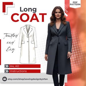Könnte beinhalten: Eine Frau trägt einen grauen langen Mantel. Das Bild zeigt eine Skizze eines langen Mantels und die Worte "Long COAT", "Trusted and Easy", "A4, A0" und "Instructions". Die Etsy-Shop-Adresse ist ebenfalls sichtbar.