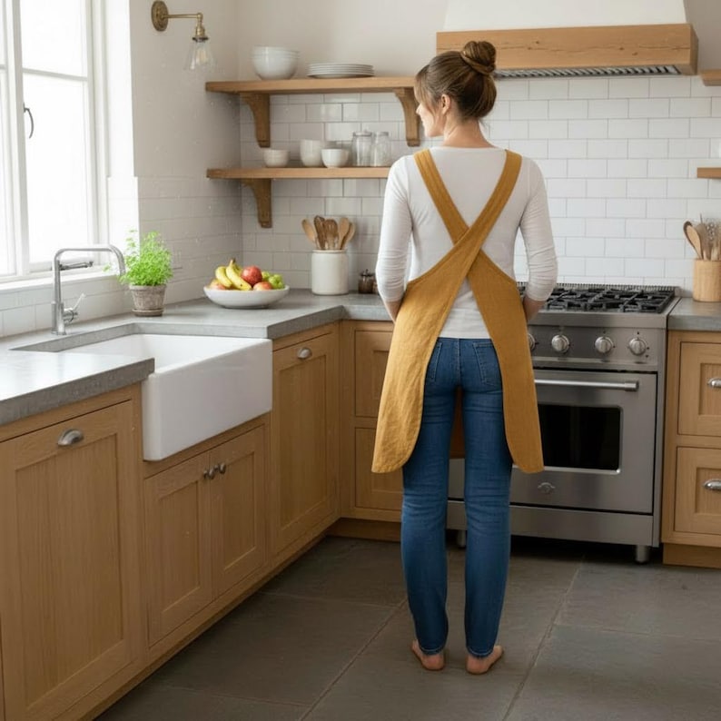 K&ouml;nnte beinhalten: Eine senfgelbe Sch&uuml;rze mit Kreuz-R&uuml;cken-Design. Die Sch&uuml;rze wird &uuml;ber einem wei&szlig;en Langarmshirt und einer blauen Jeans getragen. Die Person steht in einer K&uuml;che mit Holzschr&auml;nken, einem wei&szlig;en Waschbecken und einem Edelstahlherd.