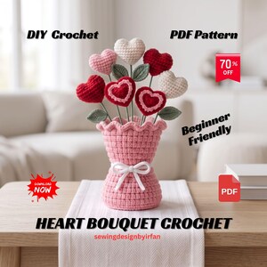 Häkelanleitung für einen Herzstrauß (PDF), Amigurumi-Blumenstrauß zum Selbermachen, einfache Geschenkidee zum Valentinstag, Häkelanleitung für Herzblumen und Vase zum Selbermachen