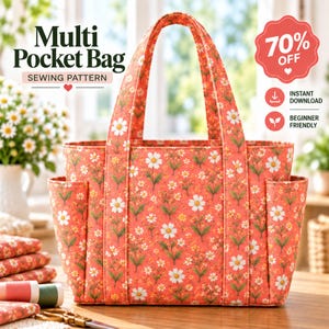 Multi Pocket Bag Sewing Pattern PDF, Structured Organizer Tote, Everyday Shopper, DIY Market Bag, Photo Tutorial, Instant Digital Download