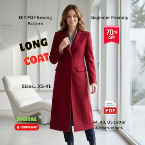 Puede incluir: Un abrigo largo de color rojo intenso con solapa de muesca, dos botones frontales y bolsillos con solapa. El texto superpuesto incluye DIY PDF Sewing Pattern, Beginner Friendly, 70% OFF, Sizes XS-XL, DIGITAL DOWNLOAD, A4, A0, US Letter & Instructions.