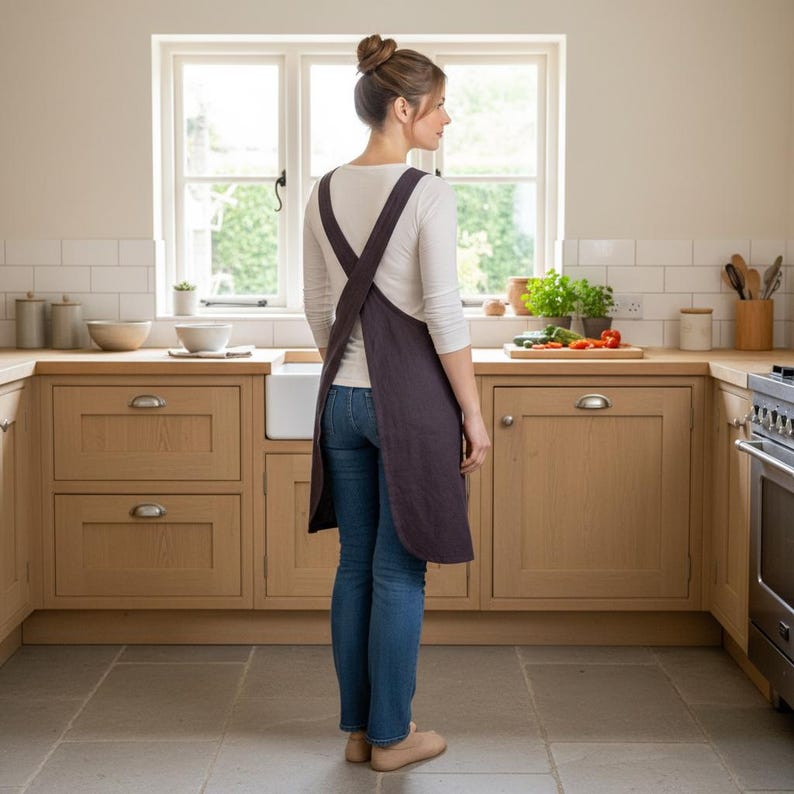 K&ouml;nnte beinhalten: Eine dunkelviolette Sch&uuml;rze mit Kreuz-R&uuml;cken-Design. Die Sch&uuml;rze wird &uuml;ber einem wei&szlig;en Langarmshirt und einer blauen Jeans getragen. Die Sch&uuml;rze ist aus einem weichen, strukturierten Stoff gefertigt. Die K&uuml;che hat helle Holzschr&auml;nke und ein Fenster.