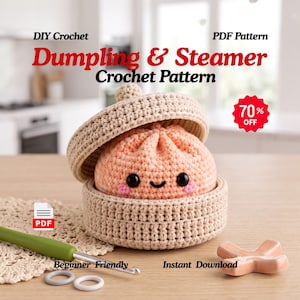 Virkmönster för dumplings och ångkokare i PDF-format | Amigurumi-matmönster för Bao Bun | Kawaii-dumplings med plysch | Virkad mat i PDF-format | Digital nedladdning för hemmafixare