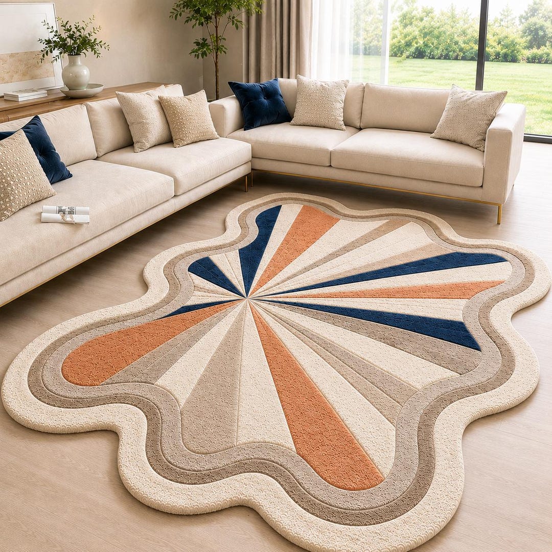 Modern Abstract Hand Tufted Wool Rug – Scalloped Beige Navy ...