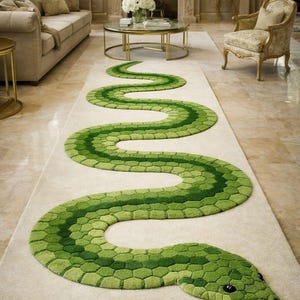 Pode incluir: Um tapete verde único em forma de cobra com diferentes tons de verde, criando um efeito texturizado e tridimensional. O tapete é colocado sobre um tapete de cor neutra, adicionando um toque lúdico e artístico à decoração da sala.