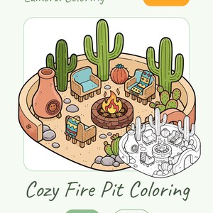 Op de afbeelding: Een digitale kleurboekcover met de tekst "Lumora Coloring" en "Cozy Fire Pit Coloring". De afbeelding toont een gezellige vuurplaats met cactussen, stoelen en een pompoen. De woorden "Best Seller", "12 Pages" en "Instant Download" zijn ook zichtbaar.