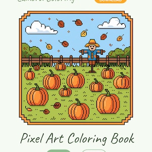 May include: A pixel art coloring book cover featuring a fall scene with pumpkins, a scarecrow, and falling leaves. The title "Pixel Art Coloring Book" is displayed below the image, with the text "Lumora Coloring" at the top.