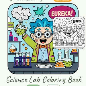 Può includere: Una copertina colorata di un libro da colorare per laboratori scientifici. Presenta uno scienziato dei cartoni animati con i capelli blu e gli occhiali che tiene in mano un pallone. La parola "EUREKA!" è in un fumetto. Il titolo "Science Lab Coloring Book" è in basso.