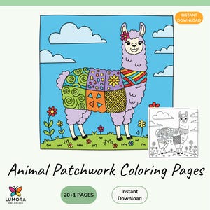 Puede incluir: Ilustración colorida de una llama con un diseño de patchwork en su cuerpo, sobre un fondo de cielo azul con nubes. La llama tiene una flor en la cabeza y está rodeada de flores y hierba. El texto "Animal Patchwork Coloring Pages" está debajo.