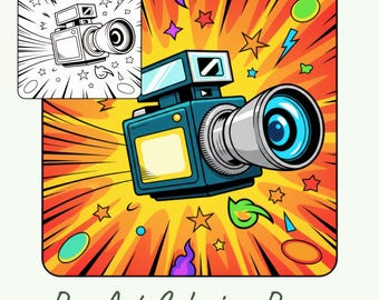 Puede incluir: Ilustración de estilo pop art de una cámara turquesa con una lente grande, sobre un fondo vibrante naranja y amarillo con estrellas y rayos. Incluye el texto "Lumora Coloring" y "Pop Art Coloring Pages".