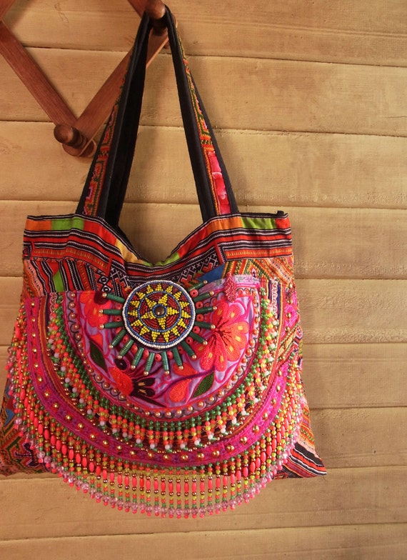 Hmong boho Fringe Tote Bag /// hippie // embroidery // tribal | Etsy