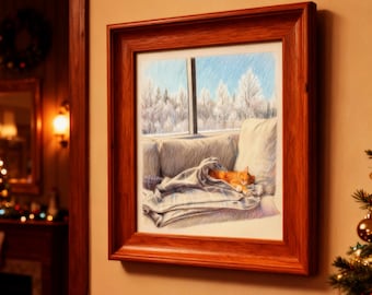 Cat Wall Art Printable, Cozy Winter Cat Illustration, Neutral Bedroom Decor, Cat Lover Gift, A2 A3 JPG PDF