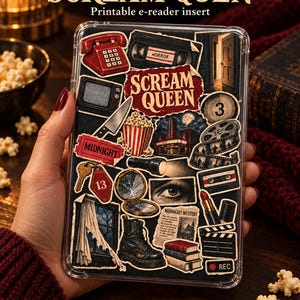 May include: A clear e-reader case insert featuring a collage of horror-themed illustrations including a red telephone, a VHS tape, a knife, popcorn, a flashlight, a film reel, a lipstick, a black boot, and the text Scream Queen.