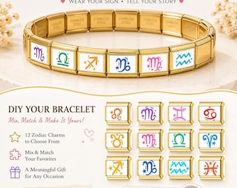 Zodiac Italian Charm Bracelet, Gold Tone Modular Link, Customizable Astrology Jewelry