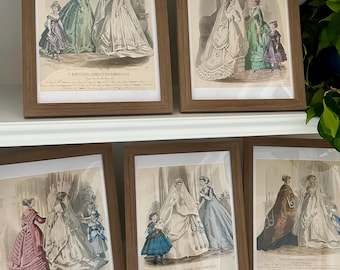 Set von 5 antiken französischen Mode Lithographien (1854–1871) | Vintage Pariser Braut Viktorianische Illustrationen 23x30 Rahmen 20x30 Mat
