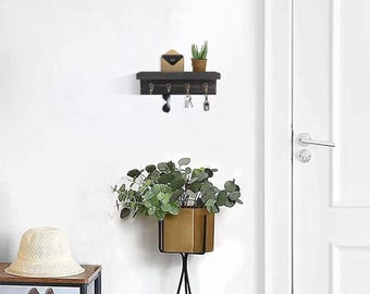 Rustic Wall Key Holder & Mail Organizer – Wooden Entryway Shelf with Hooks for Keys, Sunglasses, Wallets and Home Decor