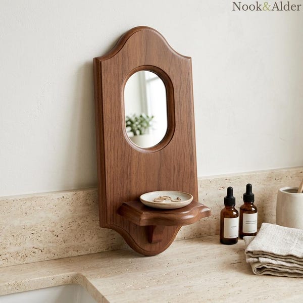 Vintage Wooden Wall Mirror with Shelf, Hanging Wall Mirror, Wood Wall Decor with Display Ledge, Entryway Mirror for Home Styling